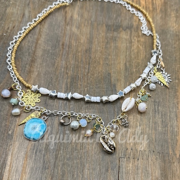 Layered beaded handmade shell 🐚 necklace aura quartz pearls - Picture 3 of 10
